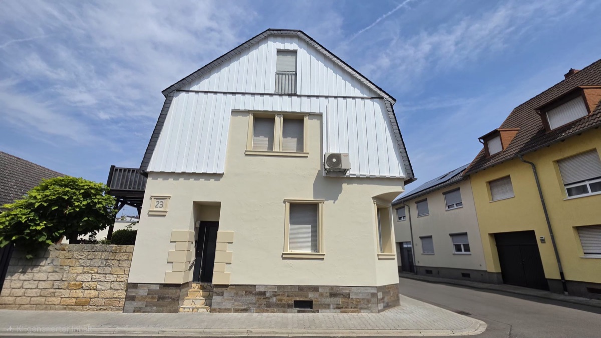 Dasselbe Haus nach dem Anstrich: beige Fassade und weiß beschichtete Holzverkleidung im Giebel