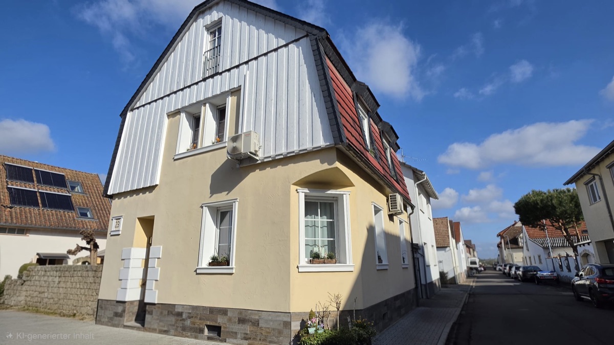 Wohnhaus vor dem Anstrich: gelbliche Fassade, verwitterte Holzverkleidung im Giebel